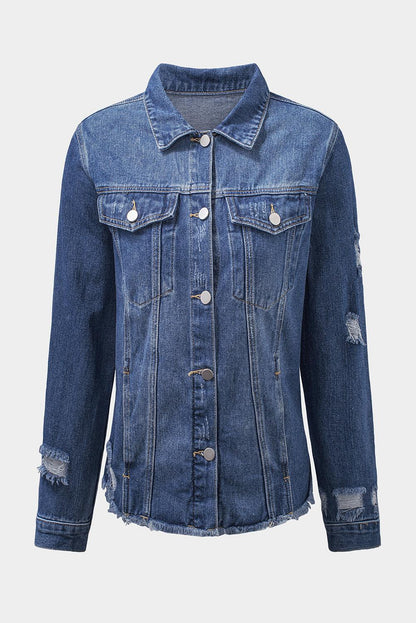 Blank Apparel - Blue Lapel Distressed Raw Hem Buttons Denim Jacket - L & M Kee, LLC