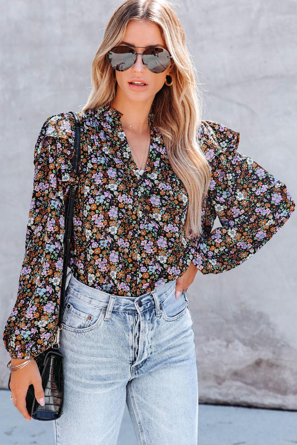 Floral Print Ruffled Bubble Sleeve Shirt - L & M Kee, LLC