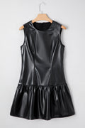 Black Faux Leather Ruffle Hem Sleeveless Mini Dress