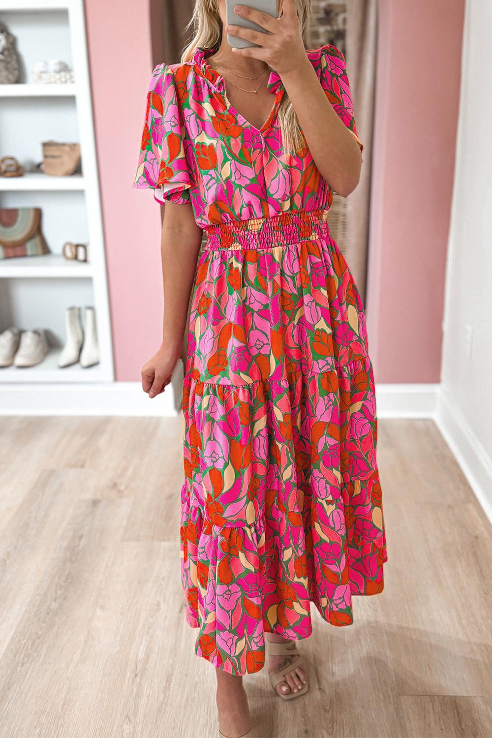 Rose Floral Short Sleeve Smocked Waist Maxi Dress - L & M Kee, LLC