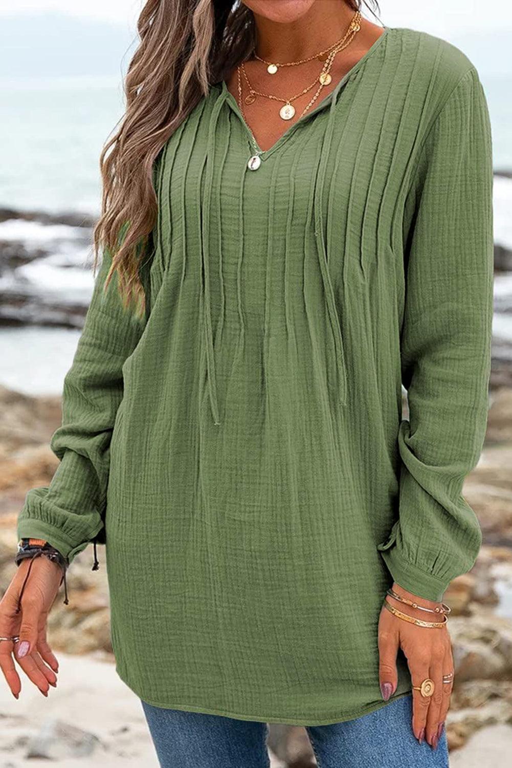 Green Casual Pleated V Neck Textured Loose Top - L & M Kee, LLC