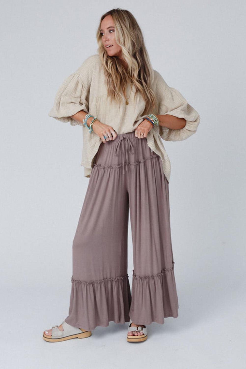 Black Frilled Drawstring High Waist Wide Leg Pants - L & M Kee, LLC