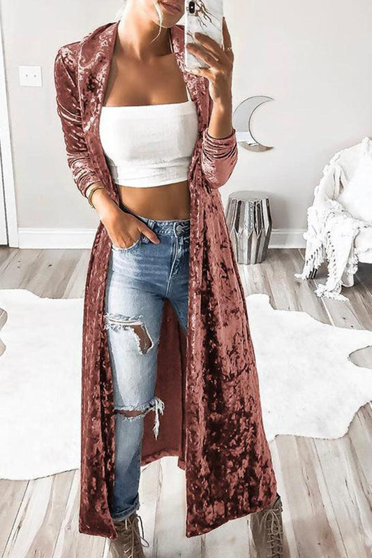 Pink Lapel Open Front Duster Velvet Cardigan - L & M Kee, LLC