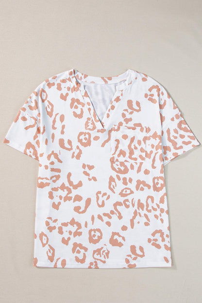 White Plus Size Leopard Print V Neck Short Sleeve Top - L & M Kee, LLC