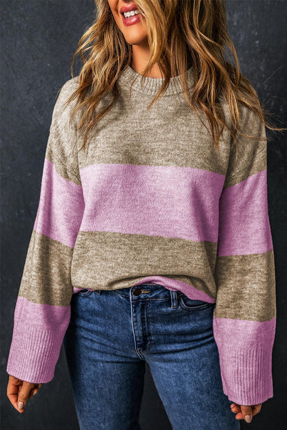 Rose Stripe Crew Neck Wide Sleeve Colorblock Sweater - L & M Kee, LLC