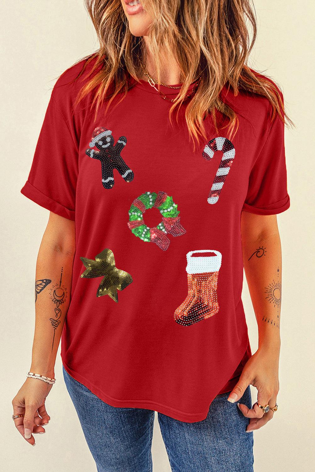 Red Christmas Sequin Pattern Crew Neck Graphic Tee - L & M Kee, LLC