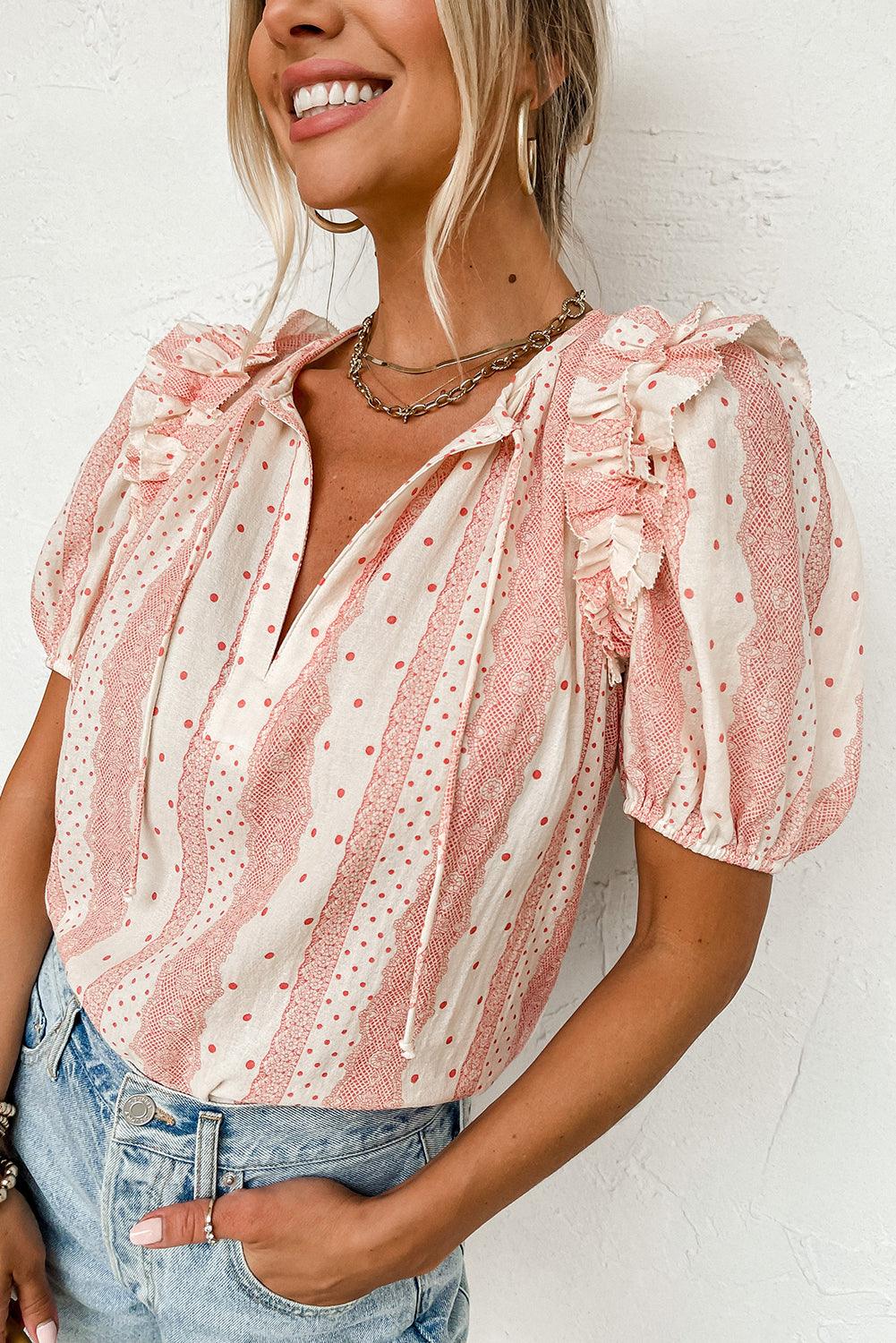 Red Frilled Short Puff Sleeve Mixed Print Blouse - L & M Kee, LLC