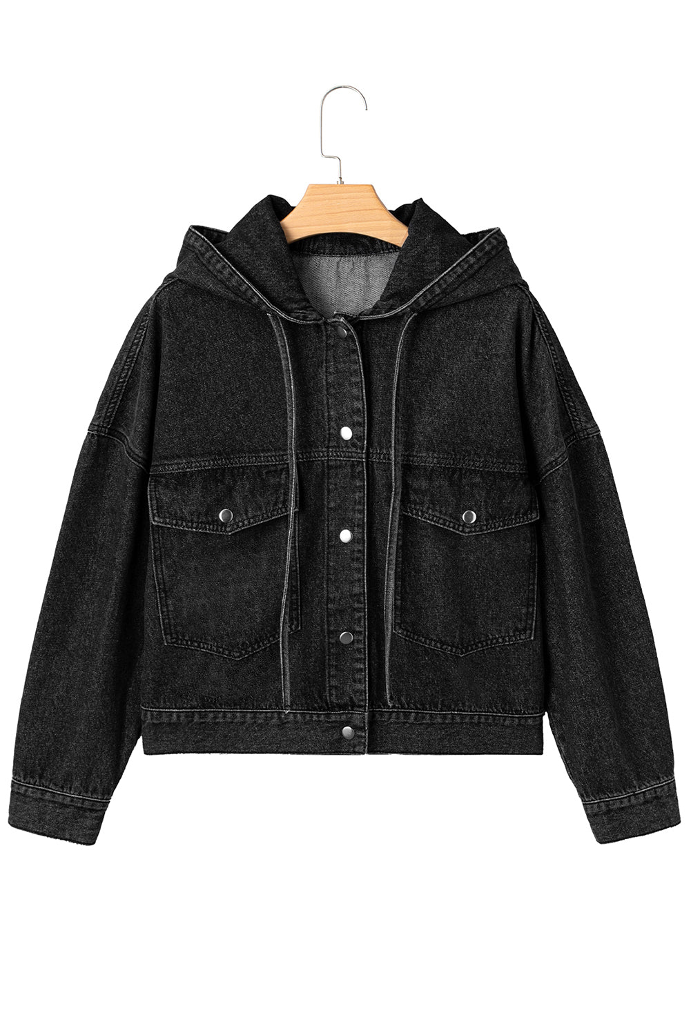 Black Big Chest Pocket Drop Shoulder Hooded Denim Jacket