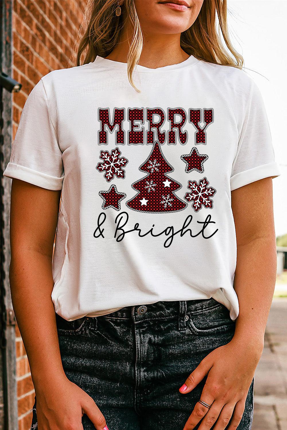 White MERRY and Bright Plaid Print Christmas Crewneck T Shirt - L & M Kee, LLC