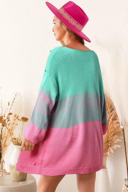 Multicolor Pompom Color Block Open Front Cardigan - L & M Kee, LLC