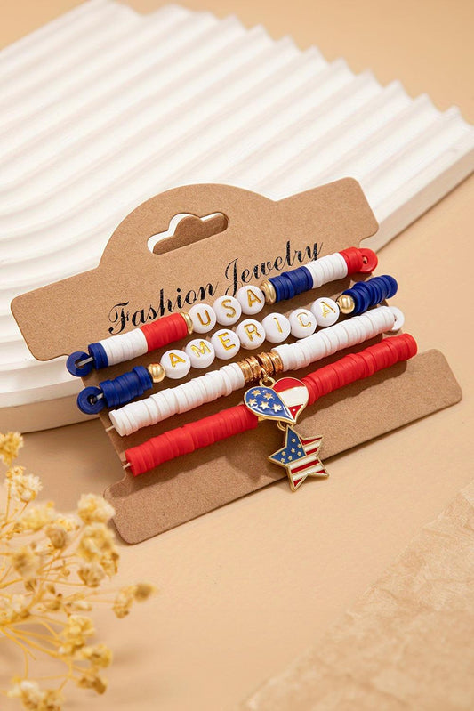 Dark Blue American Flag Pendant Letter Beaded Bracelet Set - L & M Kee, LLC