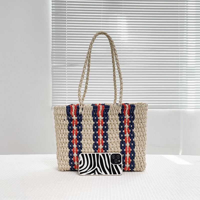 Vertical Striped Shoulder Straw Woven Bag - L & M Kee, LLC