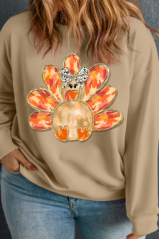 Apricot Bow Turkey Printed Plus Size Pullover Sweatshirt