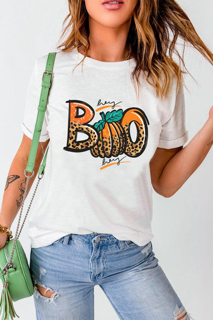 White BOO Pumpkin Leopard Print Crew Neck T Shirt - L & M Kee, LLC