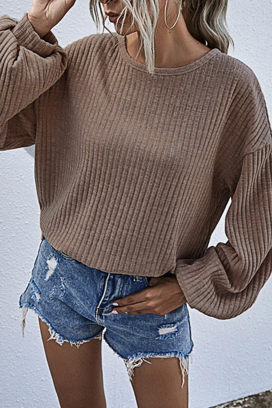 Khaki Drop Shoulder Bubble Sleeve Ribbed Knit Top - L & M Kee, LLC