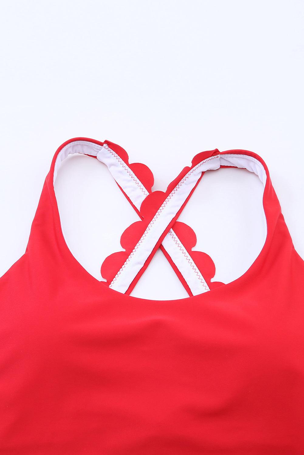 Fiery Red Scalloped Crossed Straps Cropped Bikini Top - L & M Kee, LLC