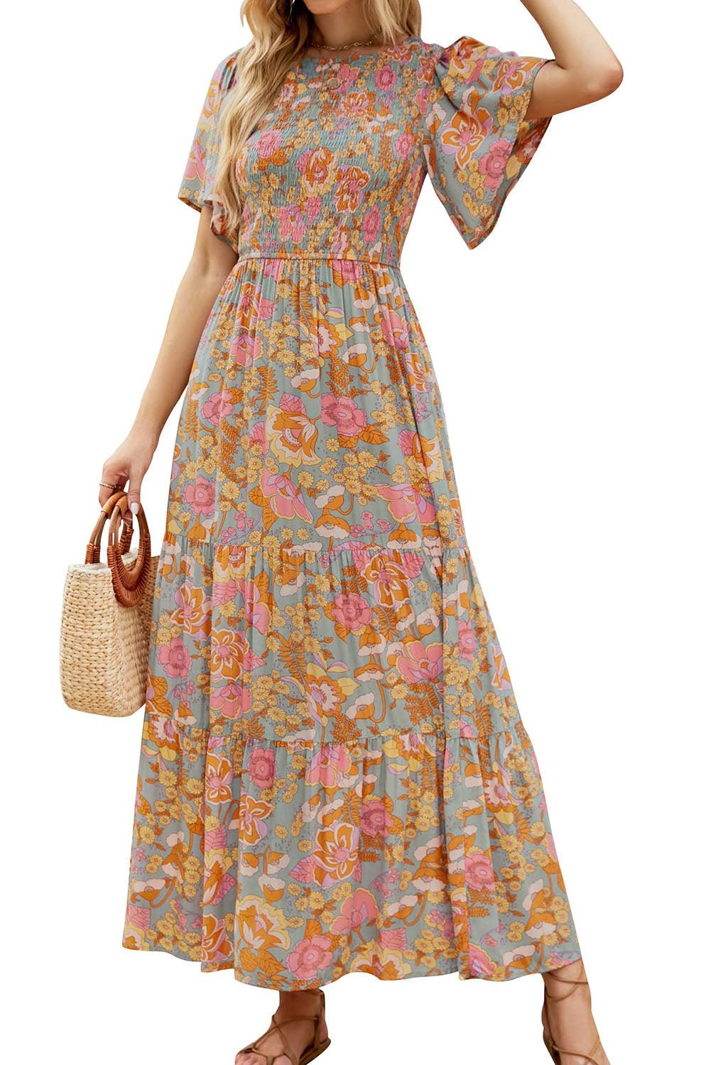 Boho Wide Sleeve Smocked Waist Floral Dress - L & M Kee, LLC