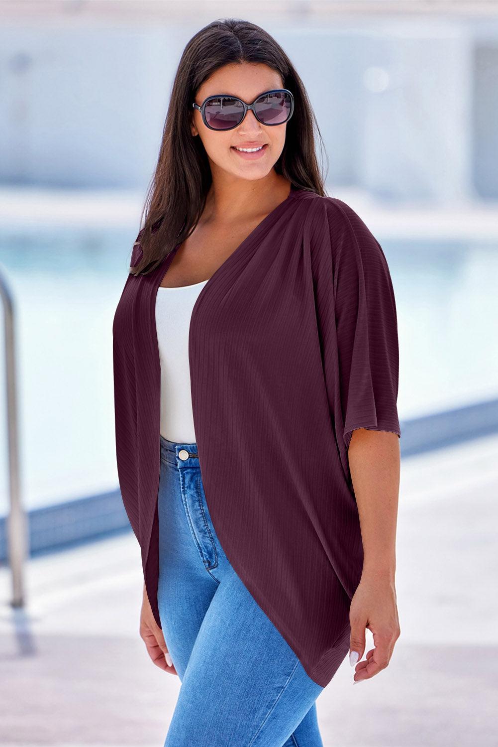 Purple Shimmer Ribbed Texture Plus Size Cardigan - L & M Kee, LLC