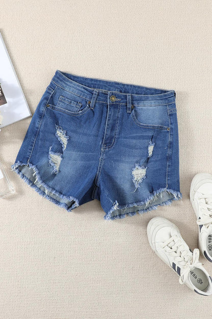 Dark Blue Frayed Hem Denim Shorts - L & M Kee, LLC