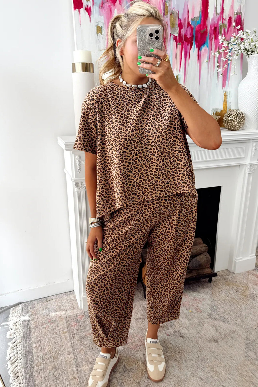 Brown Leopard Loose Tee Drawstring Waist Barrel Pants Set