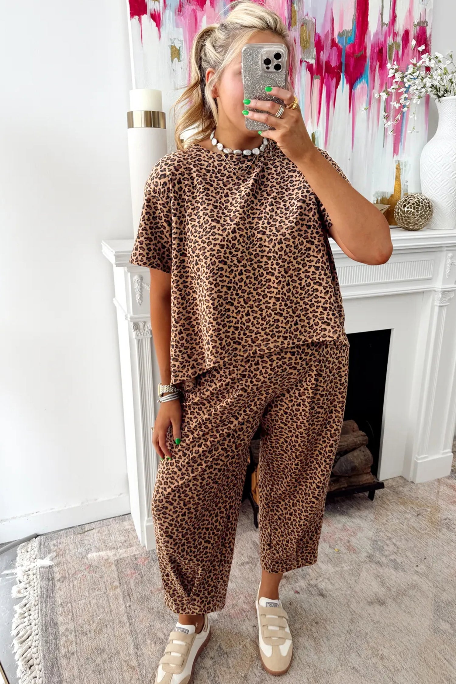 Brown Leopard Loose Tee Drawstring Waist Barrel Pants Set