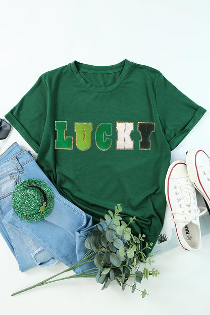 Green LUCKY Glitter Chenille Patched Crew Neck T Shirt - L & M Kee, LLC