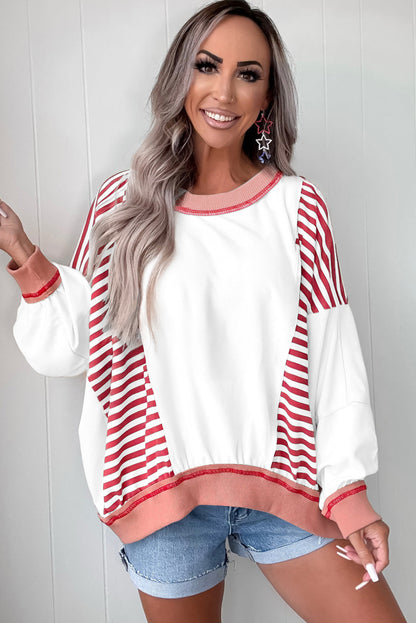 Red Stripe Colorblock Patchwork Contrast Stitching Oversize Sweatshirt