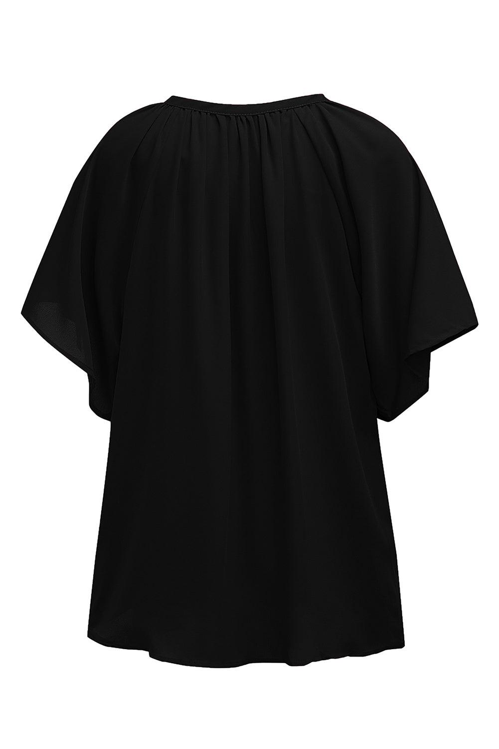 Black Split Neck Pleated Loose Top - L & M Kee, LLC