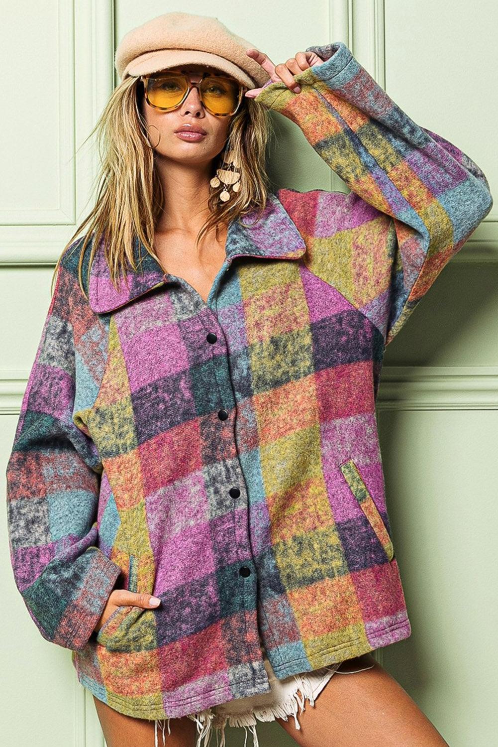 Multicolour Plaid Pocketed Shacket - L & M Kee, LLC