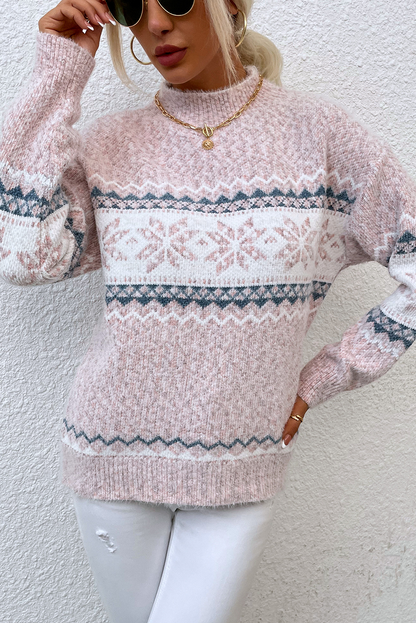 Light Pink Retro Snowflake Pattern Mock Neck Fuzzy Sweater