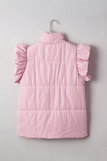 Pink Stand Neck Flutter Sleeve Snap Button Puffer Vest