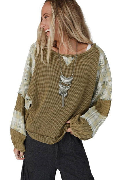 Green Plaid Patch Waffle Knit Exposed Seam Bubble Sleeve Top - L & M Kee, LLC