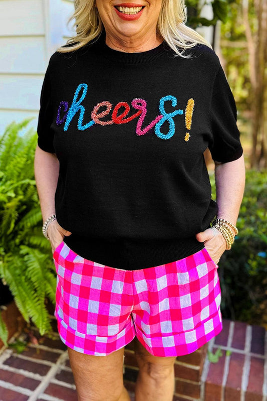 Black Plus Size Cheers Glitter Tinsel Short Sleeve Sweater - L & M Kee, LLC