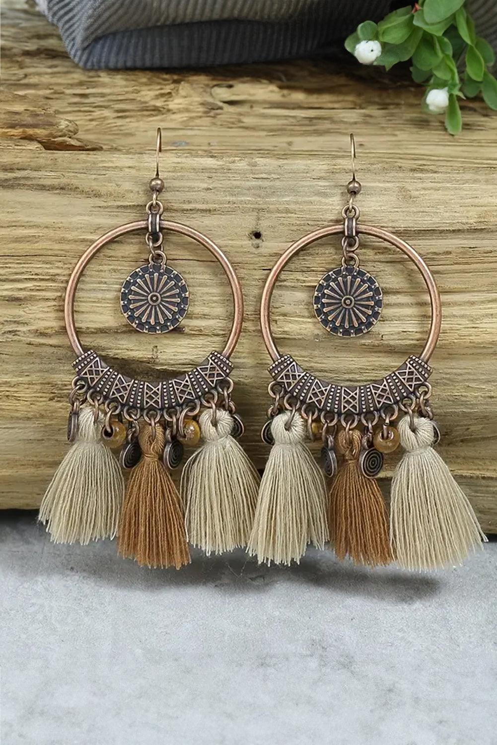 Beige Boho Round Tasseled Dangle Earrings - L & M Kee, LLC