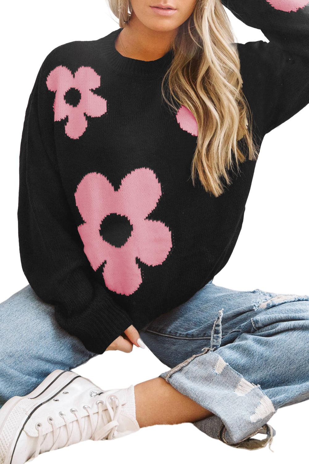 Khaki Big Flower Pattern Drop Shoulder Sweater - L & M Kee, LLC