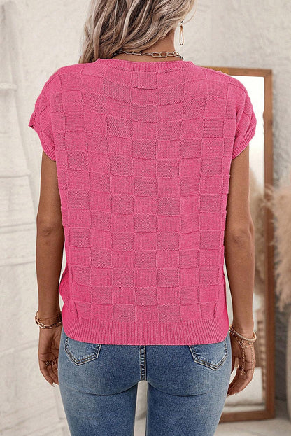 Bright Pink Lattice Textured Knit Short Sleeve Sweater - L & M Kee, LLC