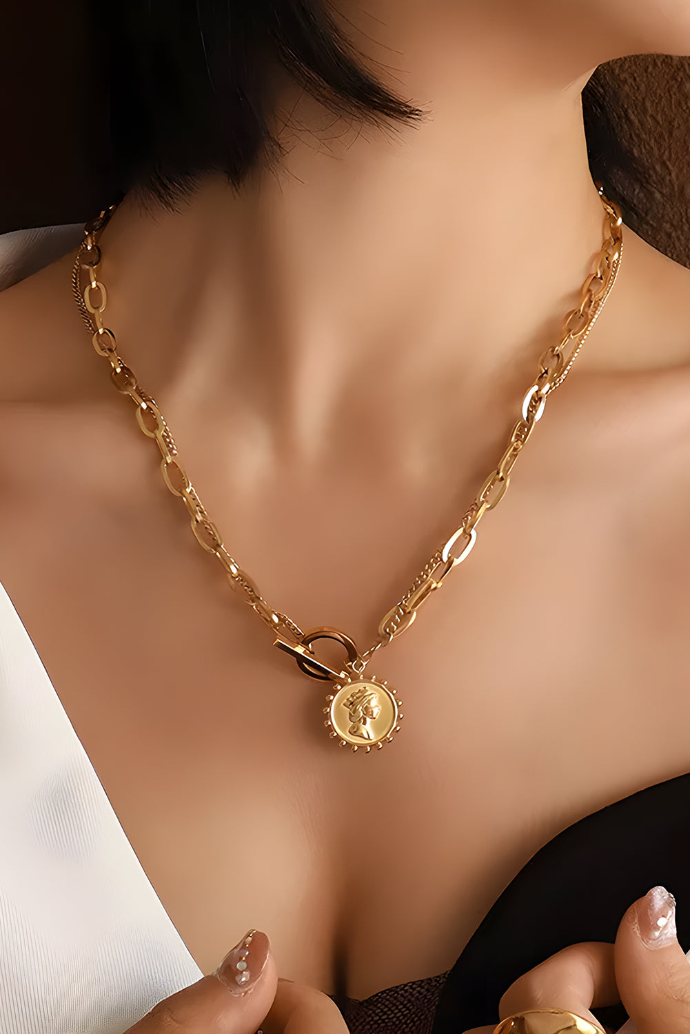 Gold Plated Vintage Carved Coin Pendant Chain Necklace