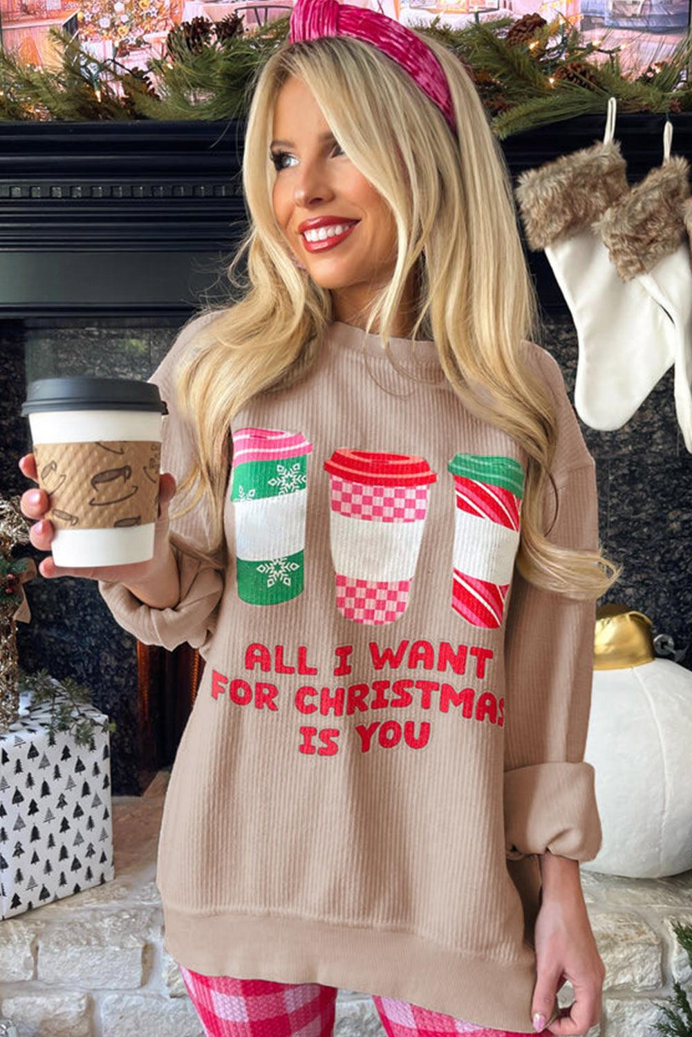 Apricot All I Want For Christmas Is You Ribbed Pullover Sweatshirt - L & M Kee, LLC
