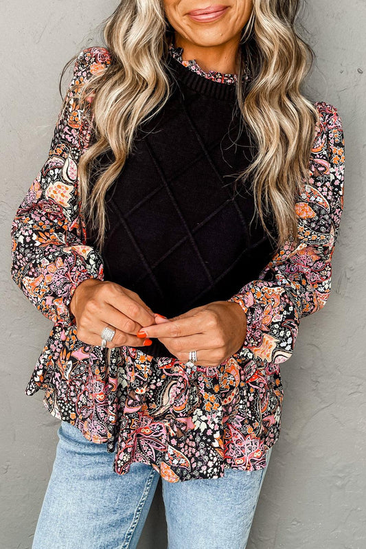 Black Contrast Floral Sleeve Peplum Sweater - L & M Kee, LLC