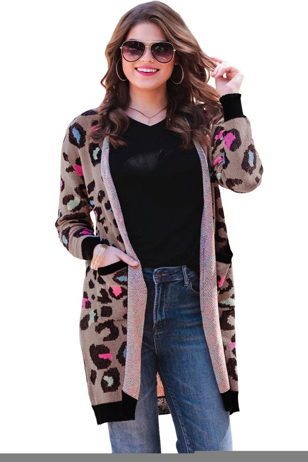 Leopard Contrast Trim Pocketed Open Cardigan - L & M Kee, LLC