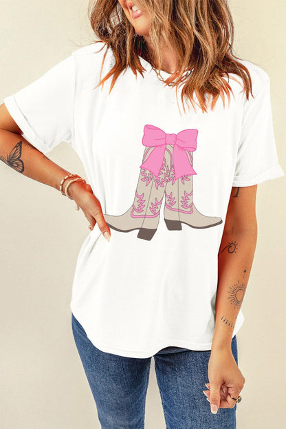 White Western Boots Bow Print Round Neck T Shirt - L & M Kee, LLC