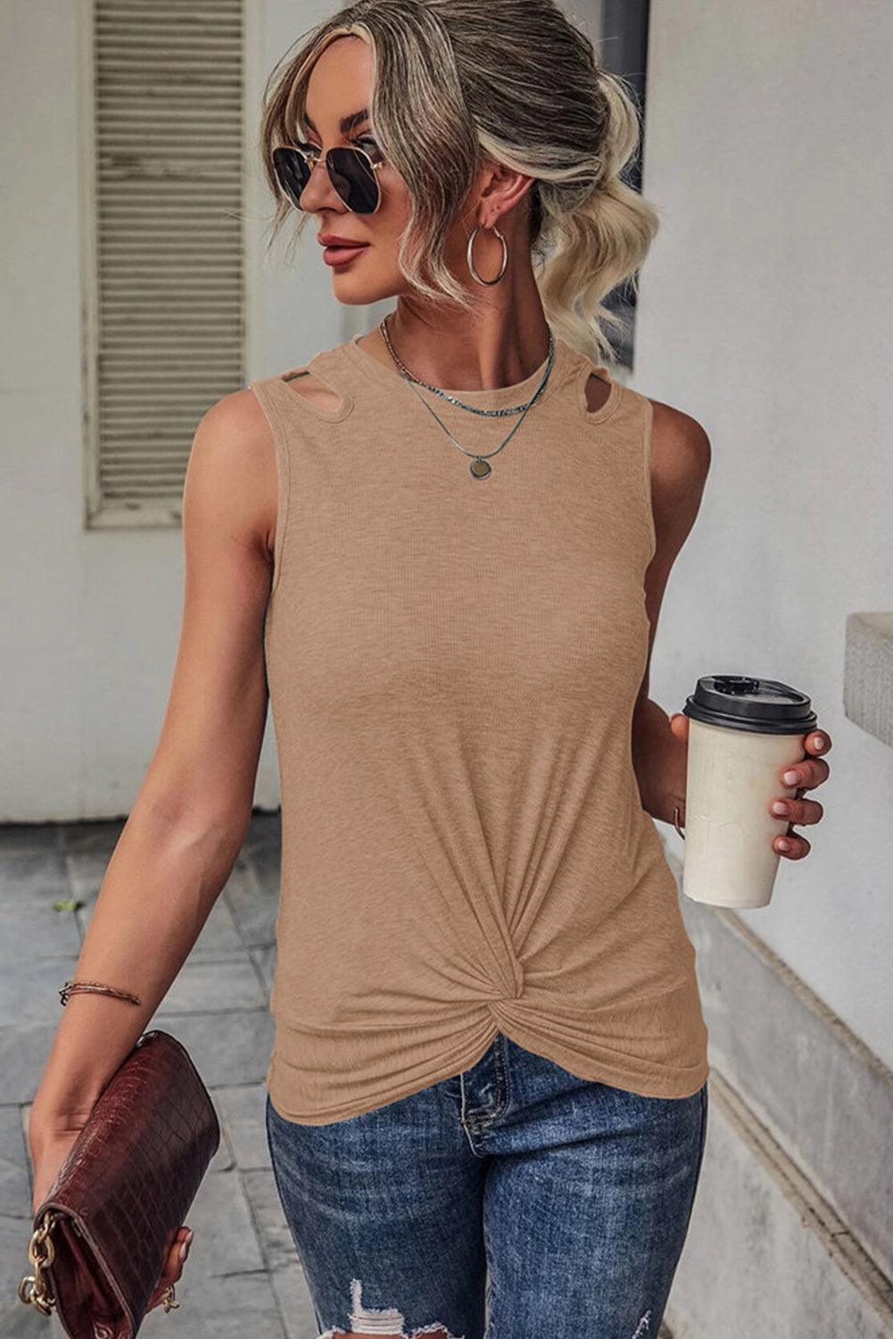 Rib Knit Cut-out Front Twist Tank Top - L & M Kee, LLC