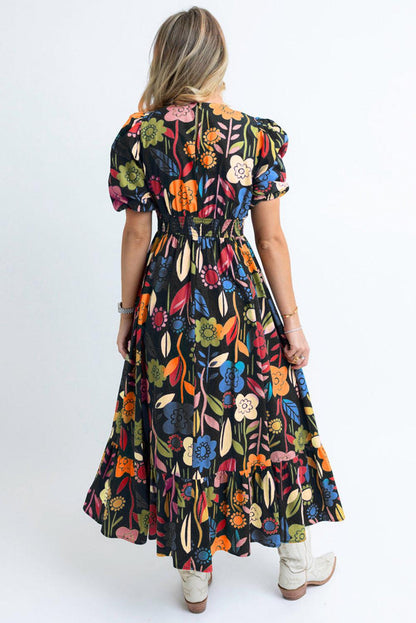 Black Retro Floral Printed Split Neck Maxi Dress - L & M Kee, LLC