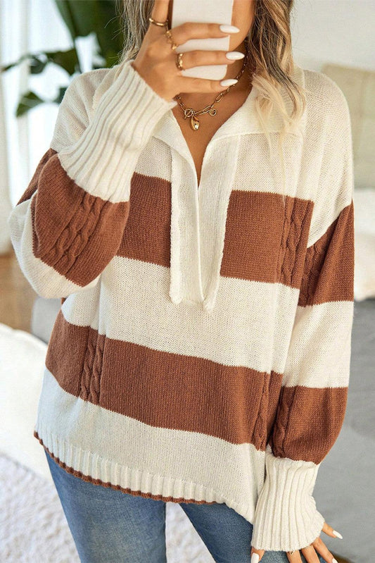 Stripes Collared Neck Corded Sweater - L & M Kee, LLC