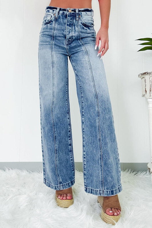 Dusk Blue Central Seamed Wide Leg High Waist Jeans - L & M Kee, LLC