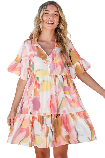 Geometric Print Ruffled Short Sleeve Tied V-Neck Mini Dress - L & M Kee, LLC