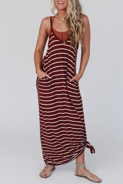 Red Stripe Side Pockets Spaghetti Straps Maxi Dress - L & M Kee, LLC