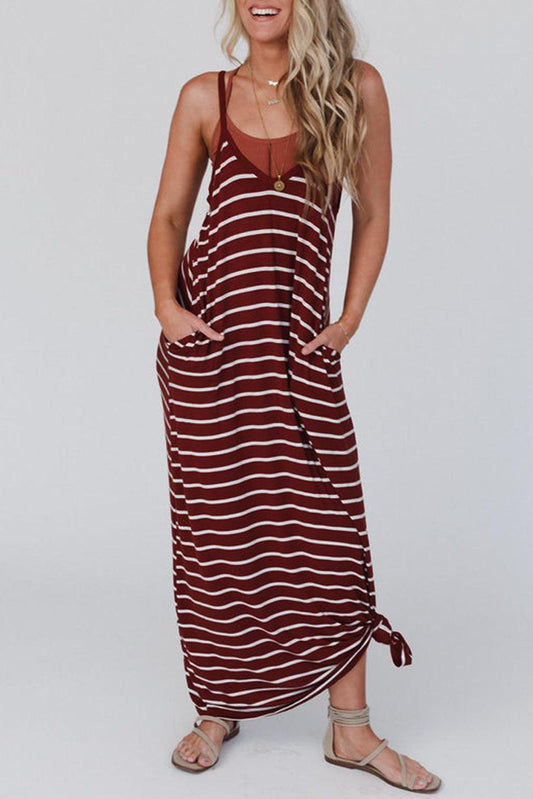 Red Stripe Side Pockets Spaghetti Straps Maxi Dress - L & M Kee, LLC