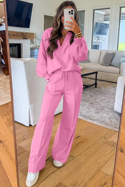 Bright Pink Polo Collar V Neck Pullover and Drawstring Sweatpants Set