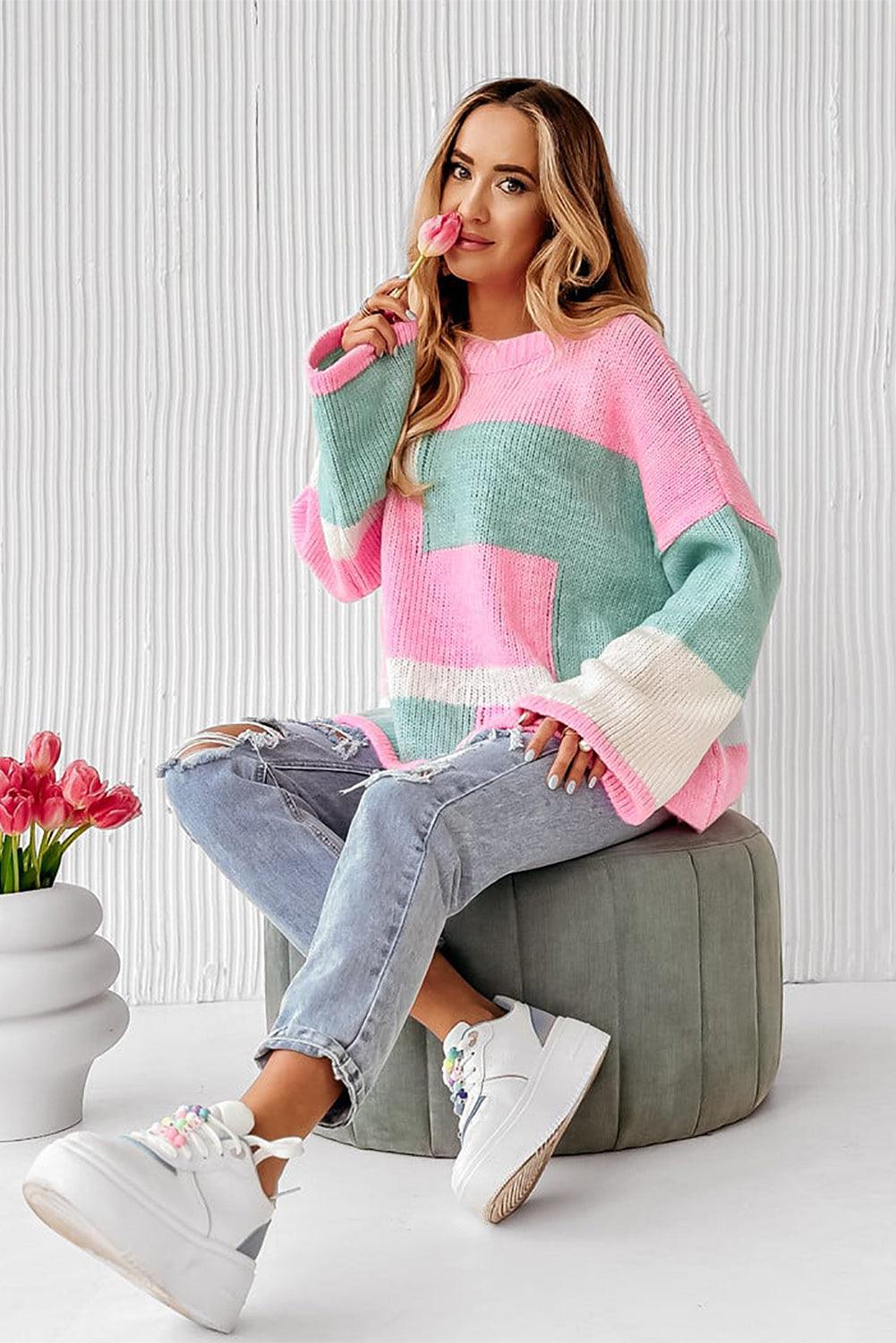 Colorblock Drop Shoulder Bell Sleeve Sweater - L & M Kee, LLC